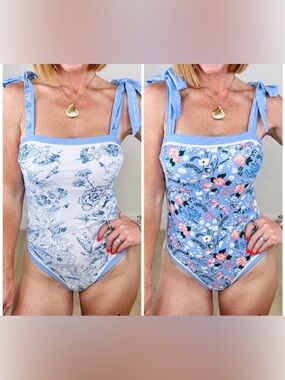 Serendipity Blue Floral Tie-Shoulder One-Piece Swimsuit Size Large